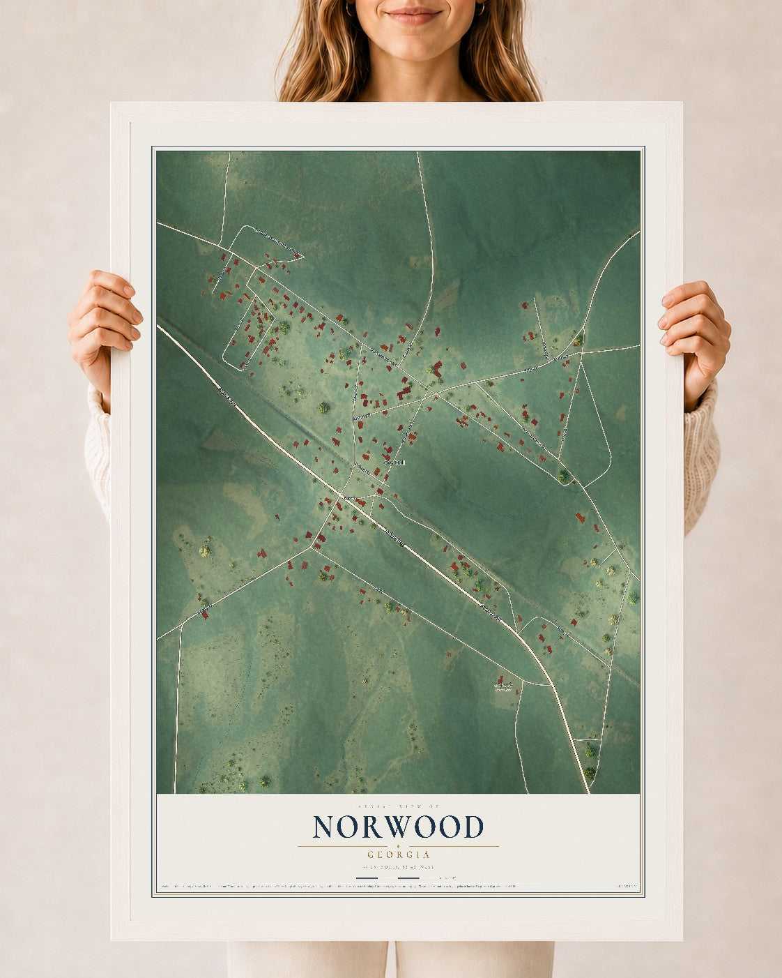 Norwood, Georgia map print, 24" x 36" W/ White Ayous Wood Frame mockup