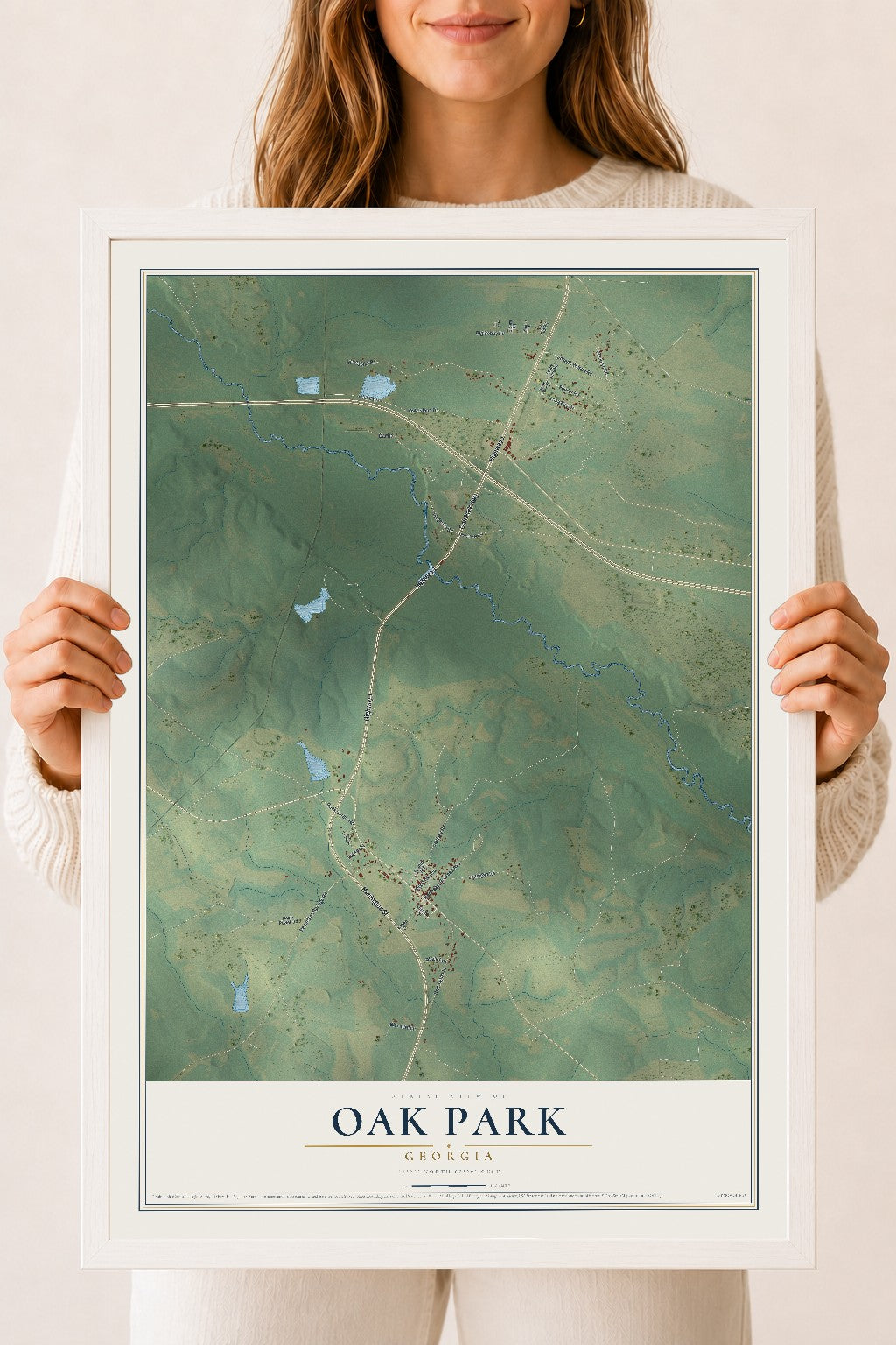 Oak Park, Georgia map print, 18" x 24" W/ White Ayous Wood Frame mockup