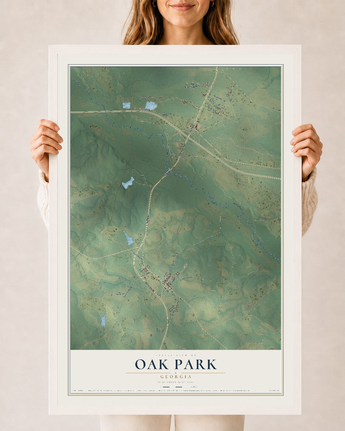 Oak Park, Georgia map print, 24" x 36" W/ White Ayous Wood Frame mockup