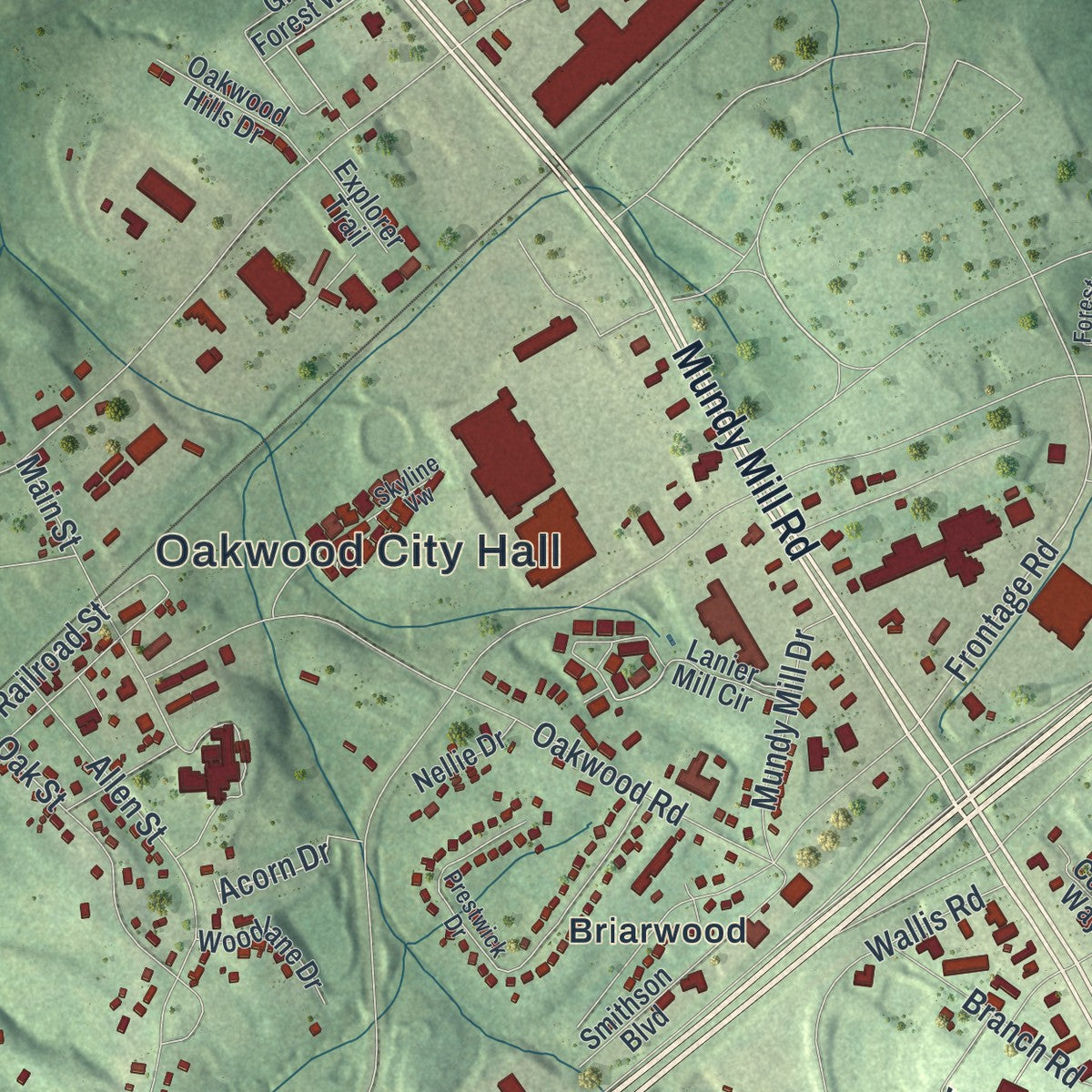 Close-up 1 of the Oakwood, Georgia map artwork