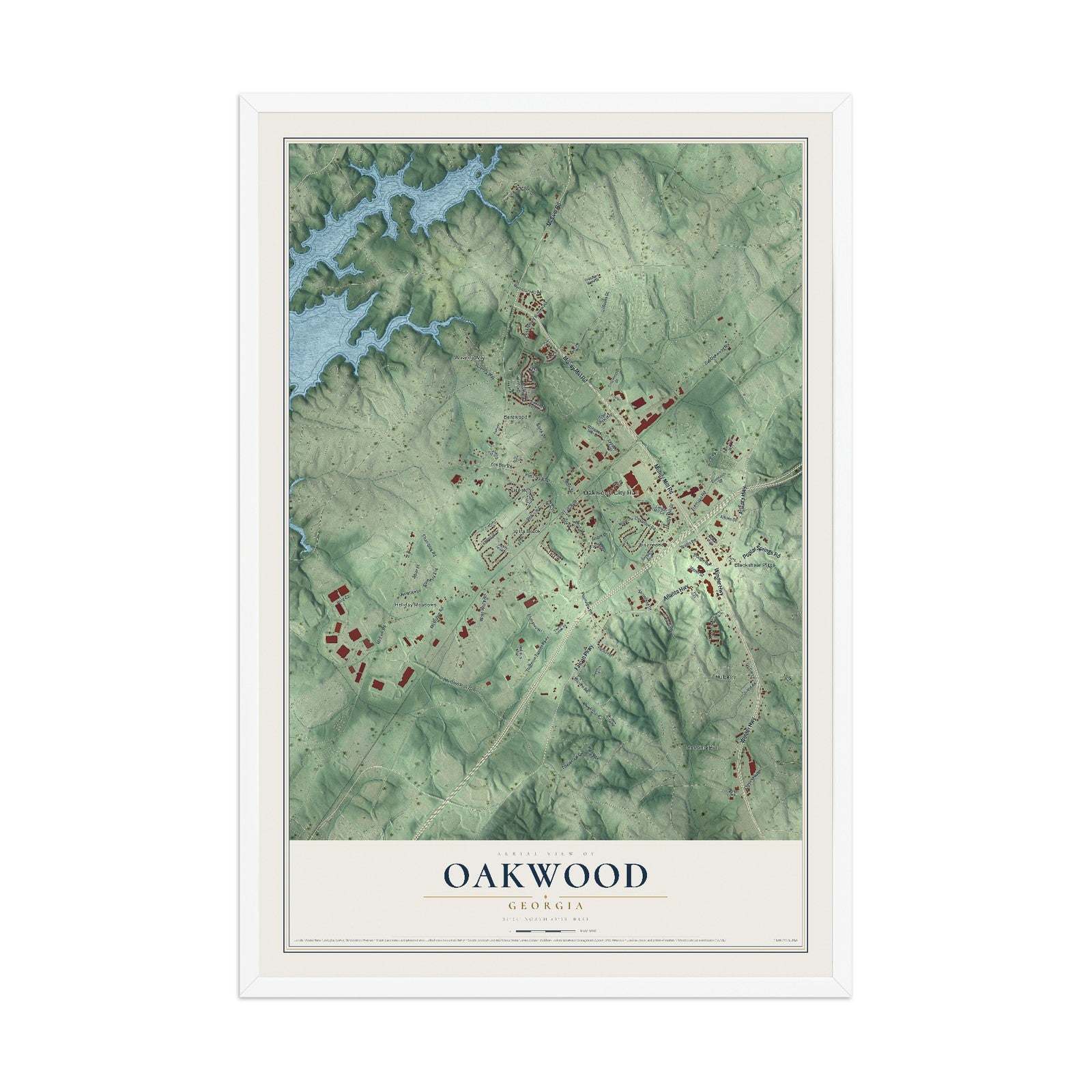 Oakwood, Georgia map print, 12" x 18" W/ White Ayous Wood Frame mockup