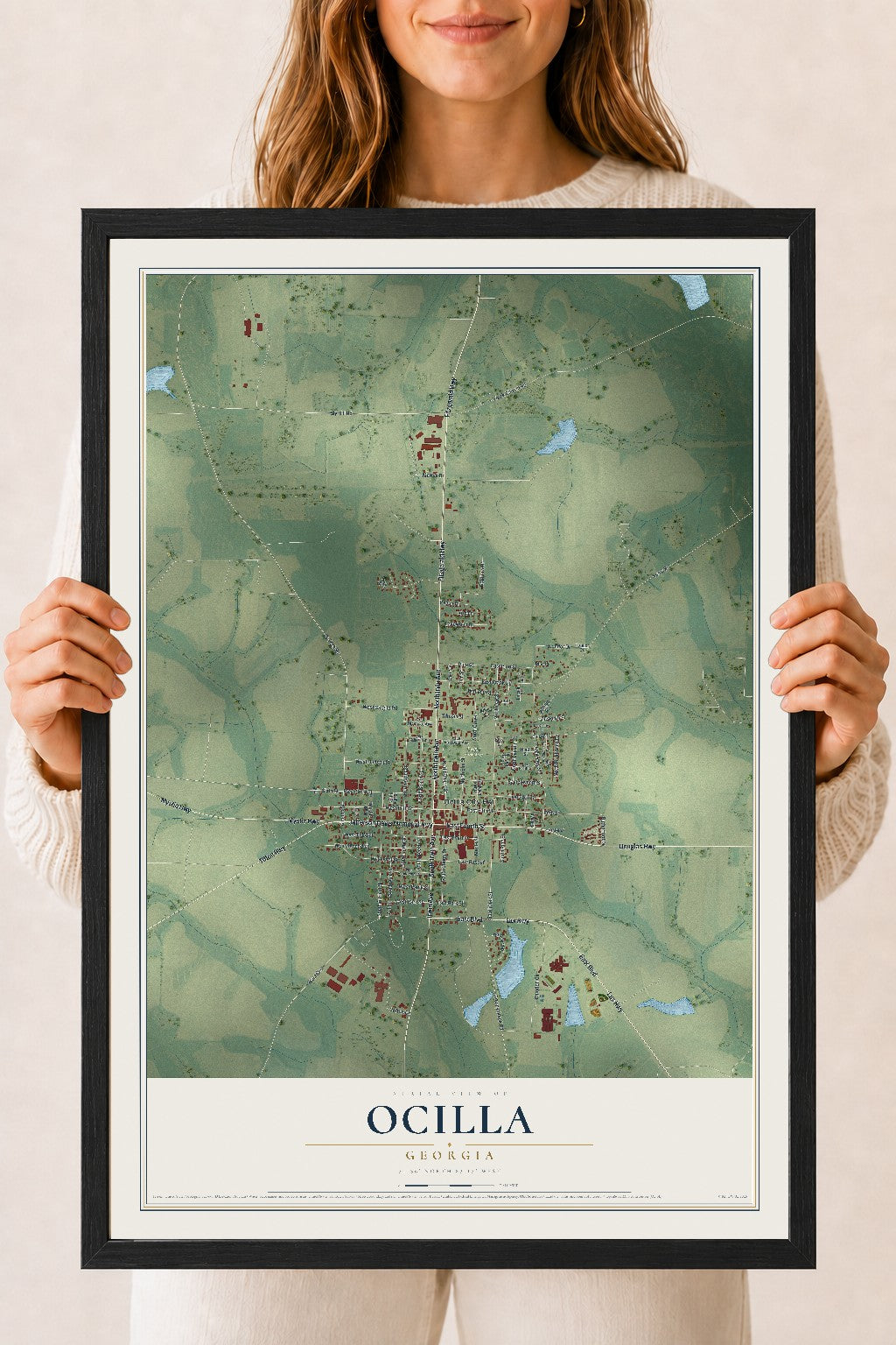 Ocilla, Georgia map print, 18" x 24" W/ Black Ayous Wood Frame mockup