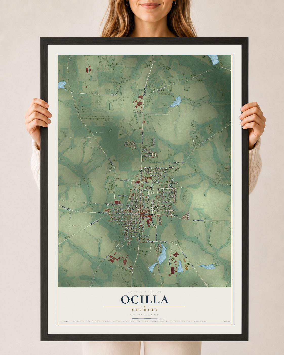 Ocilla, Georgia map print, 24" x 36" W/ Black Ayous Wood Frame mockup