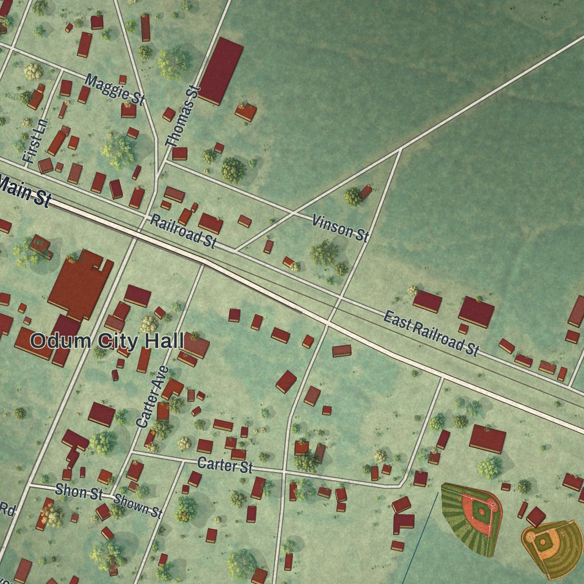 Close-up 1 of the Odum, Georgia map artwork