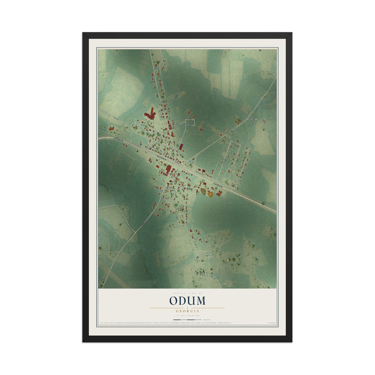 Odum, Georgia map print, 12" x 18" W/ Black Ayous Wood Frame mockup