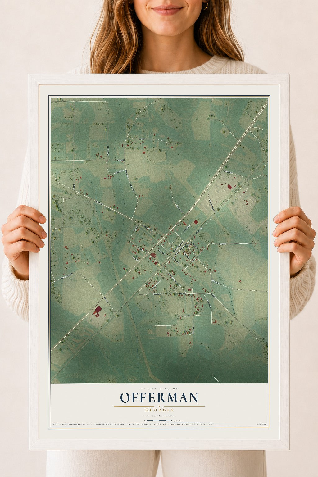 Offerman, Georgia map print, 18" x 24" W/ White Ayous Wood Frame mockup