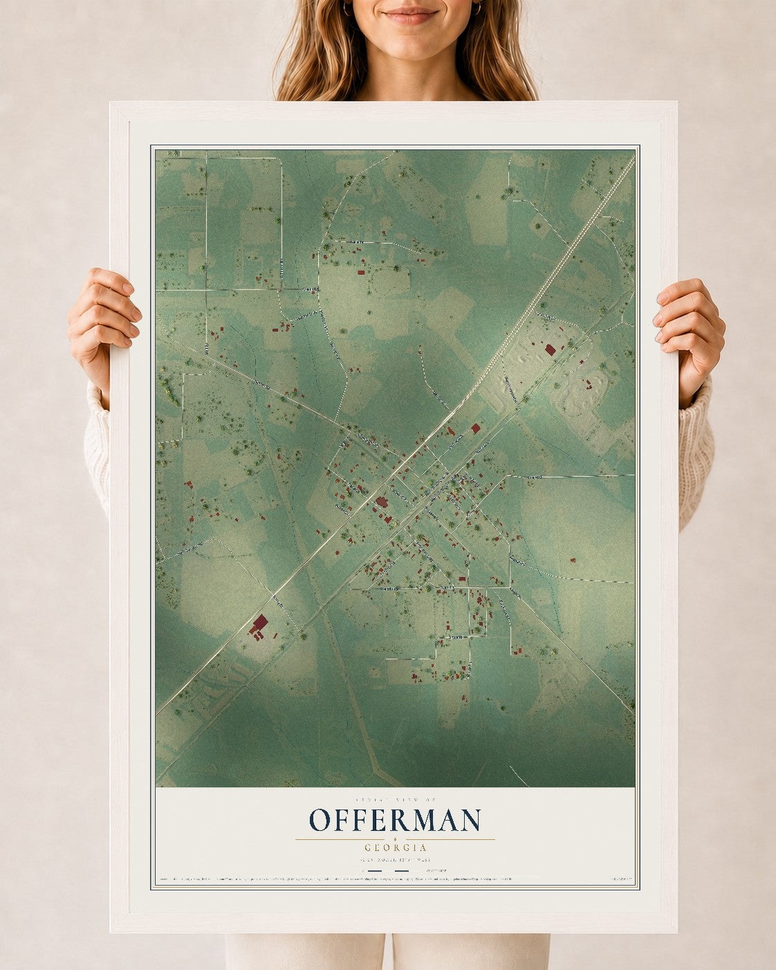 Offerman, Georgia map print, 24" x 36" W/ White Ayous Wood Frame mockup
