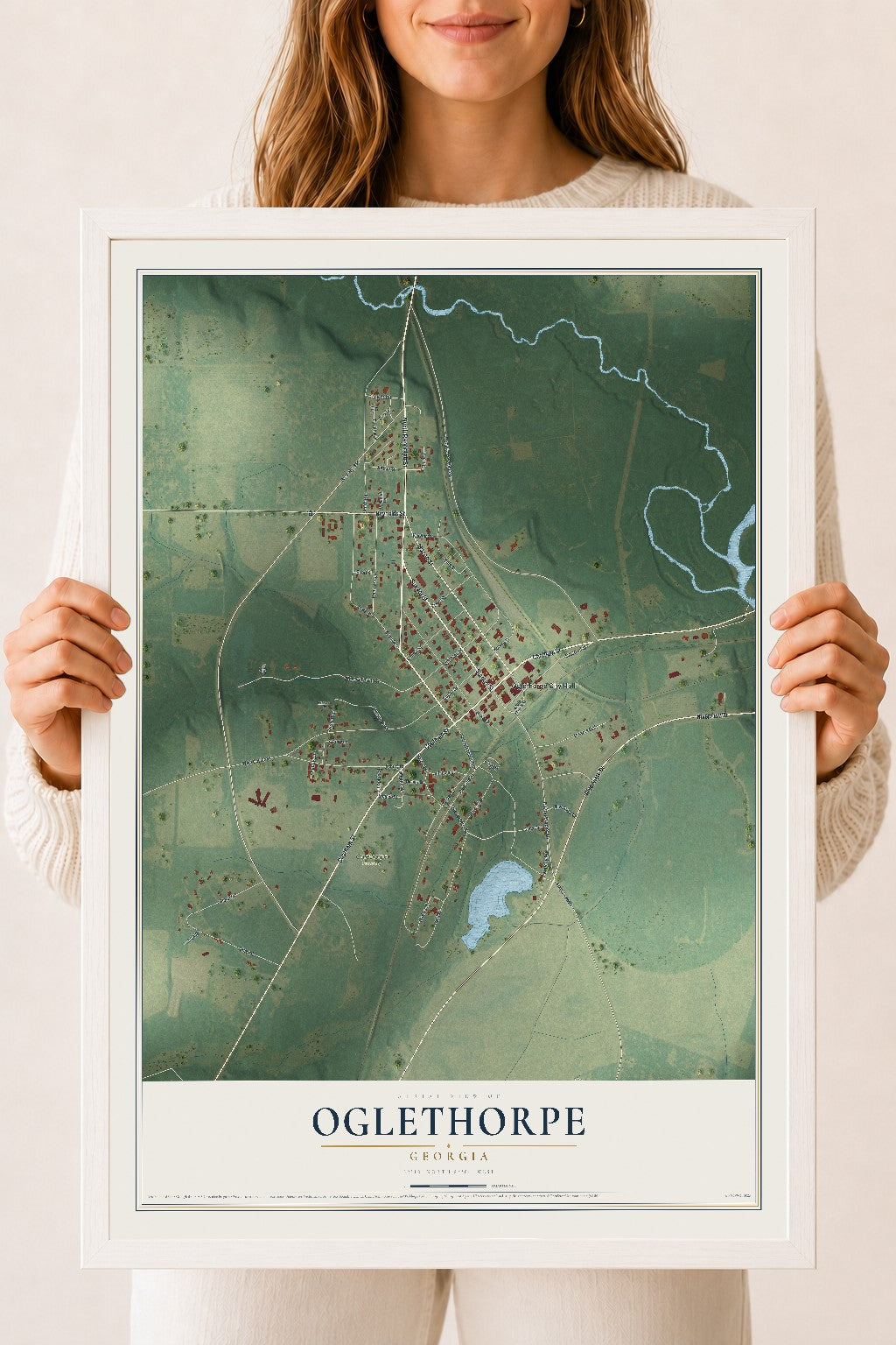 Oglethorpe, Georgia map print, 18" x 24" W/ White Ayous Wood Frame mockup