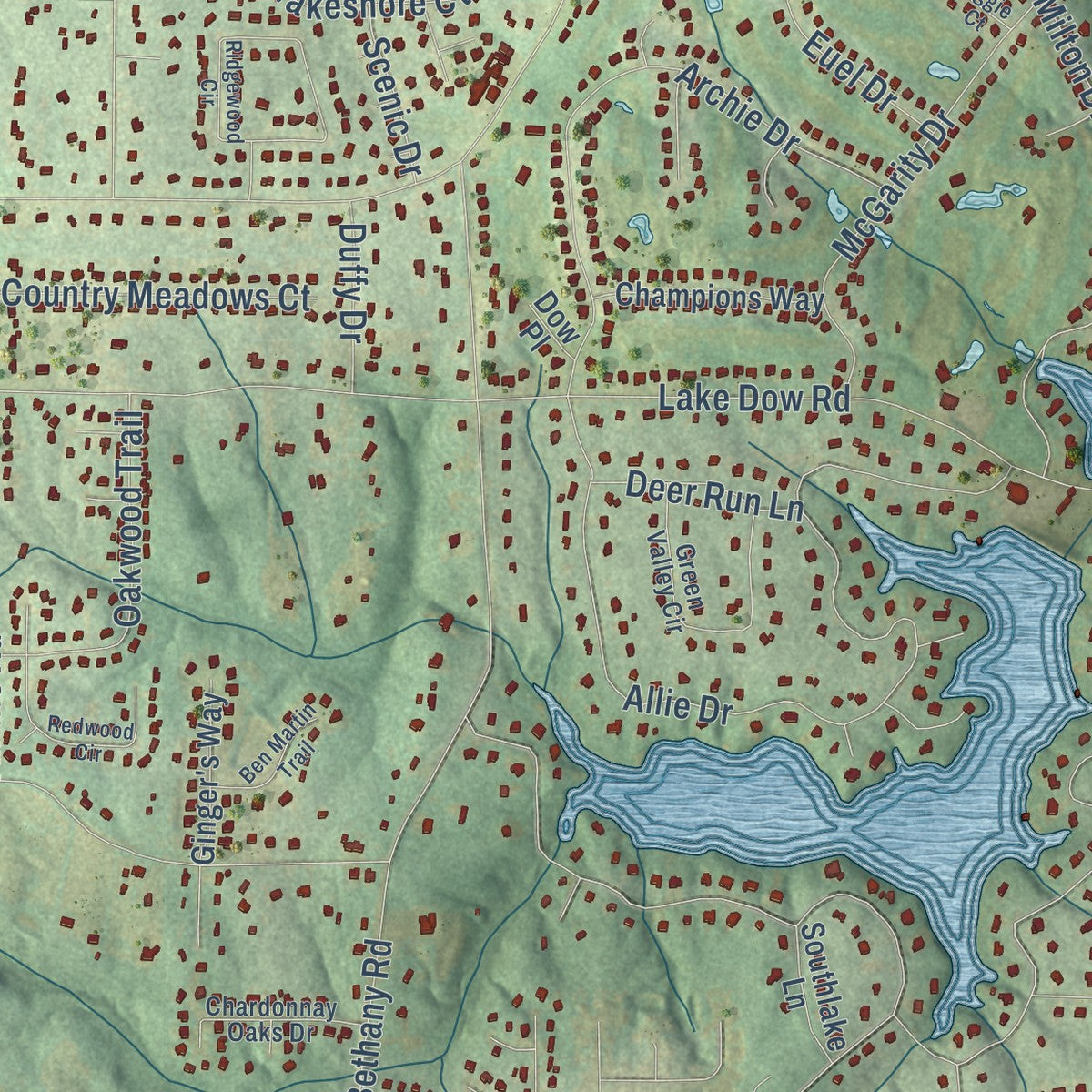 Close-up of the map of Ola, Georgia print showing street and building detail
