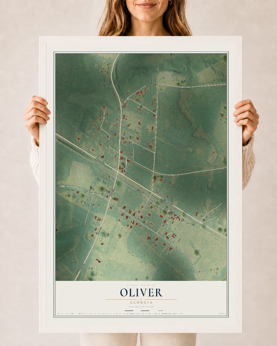 Oliver, Georgia map print, 24" x 36" W/ White Ayous Wood Frame mockup