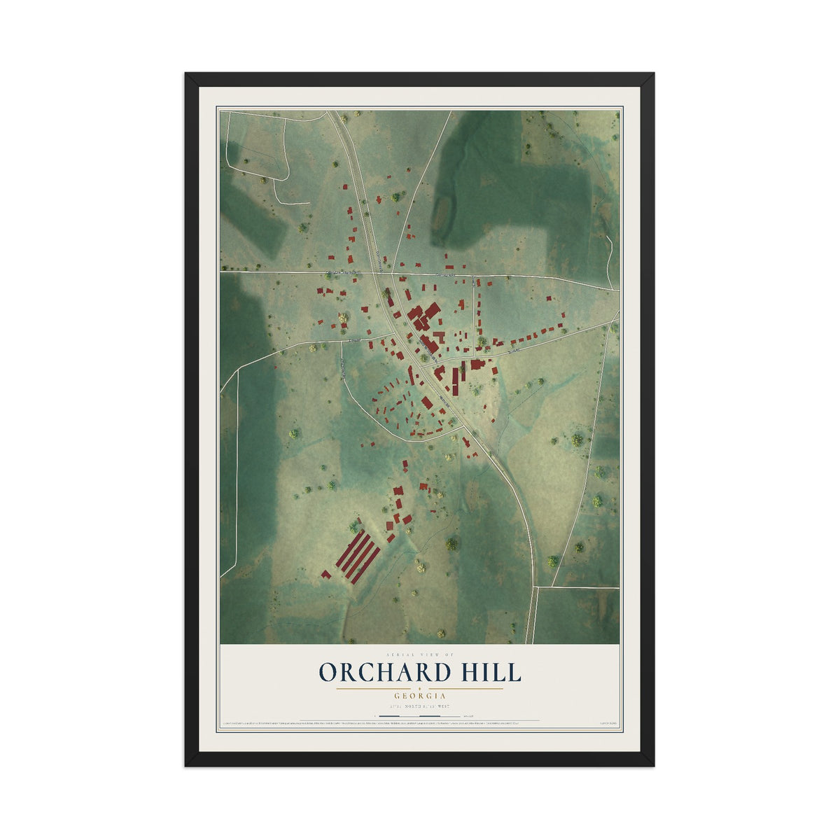 Orchard Hill, Georgia map print, 12" x 18" W/ Black Ayous Wood Frame mockup