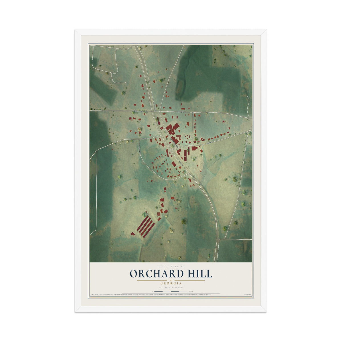 Orchard Hill, Georgia map print, 12" x 18" W/ White Ayous Wood Frame mockup