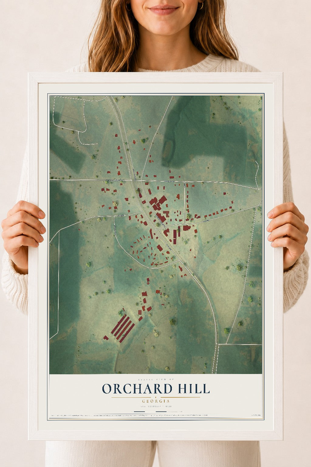 Orchard Hill, Georgia map print, 18" x 24" W/ White Ayous Wood Frame mockup