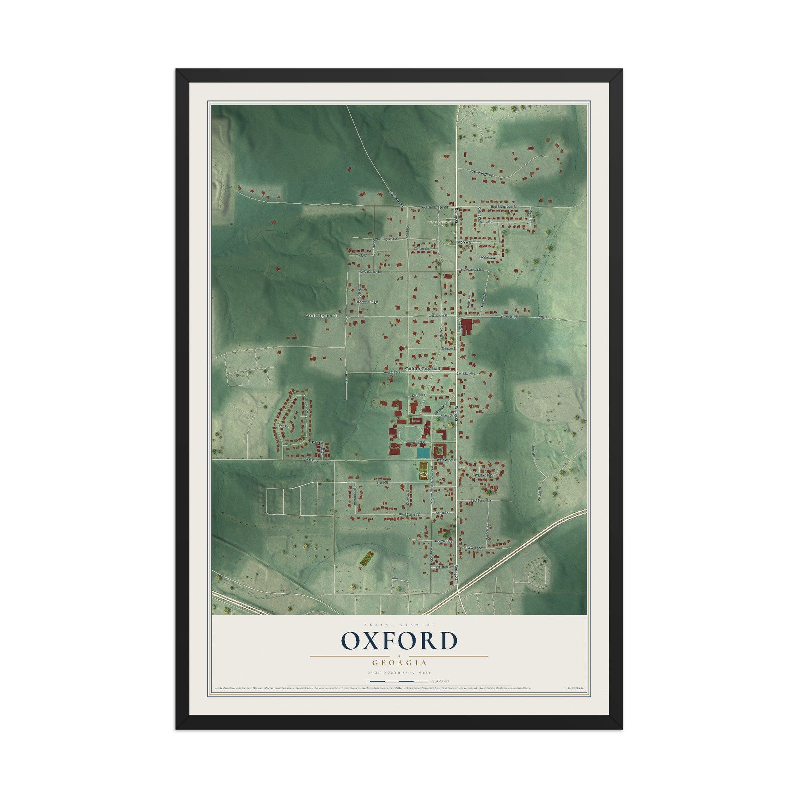 Oxford, Georgia map print, 12" x 18" W/ Black Ayous Wood Frame mockup