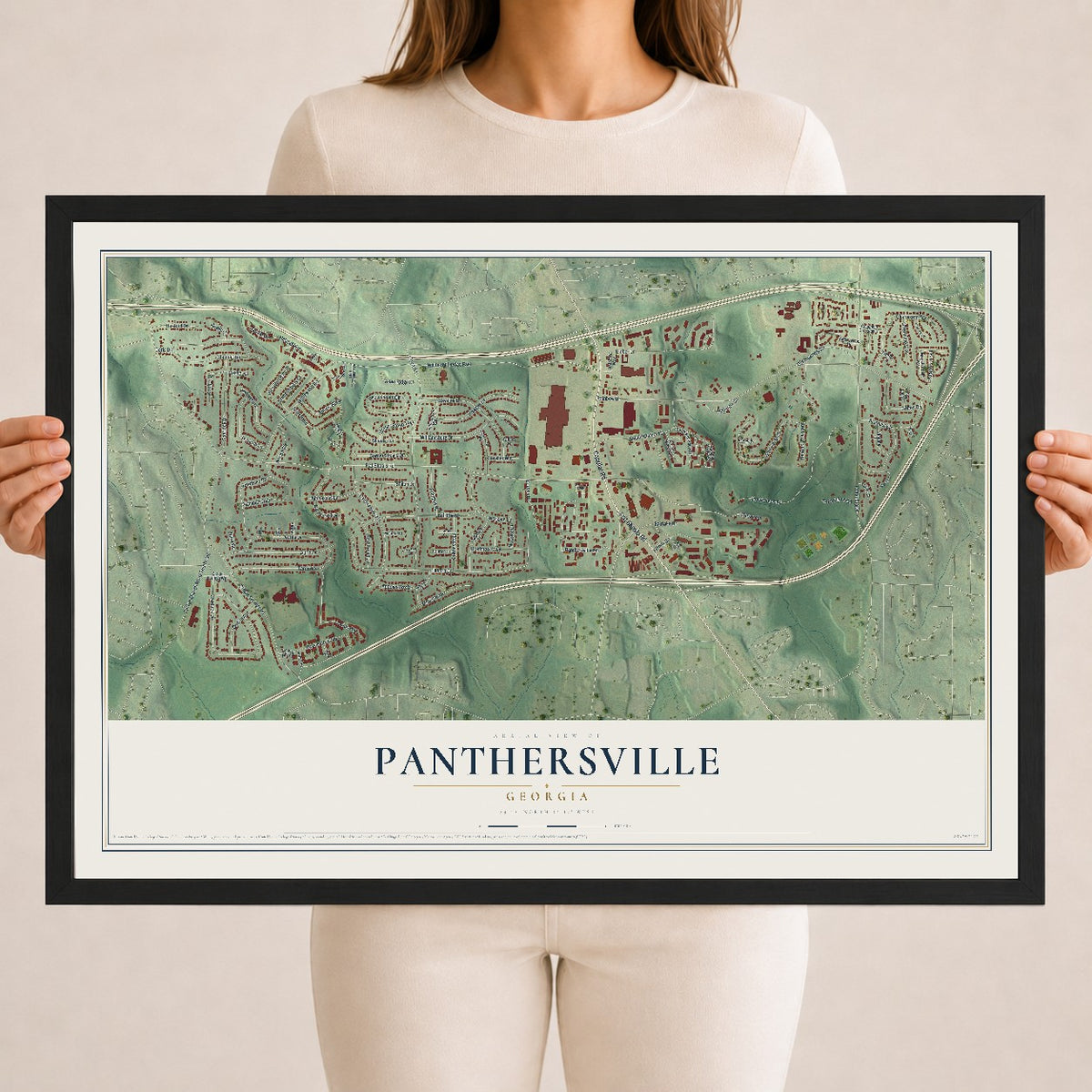 Panthersville, Georgia map print, 18" x 24" W/ Black Ayous Wood Frame mockup
