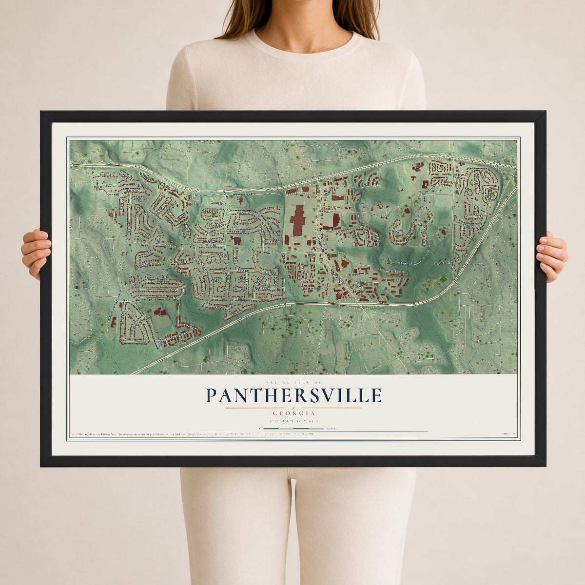 Panthersville, Georgia map print, 24" x 36" W/ Black Ayous Wood Frame mockup