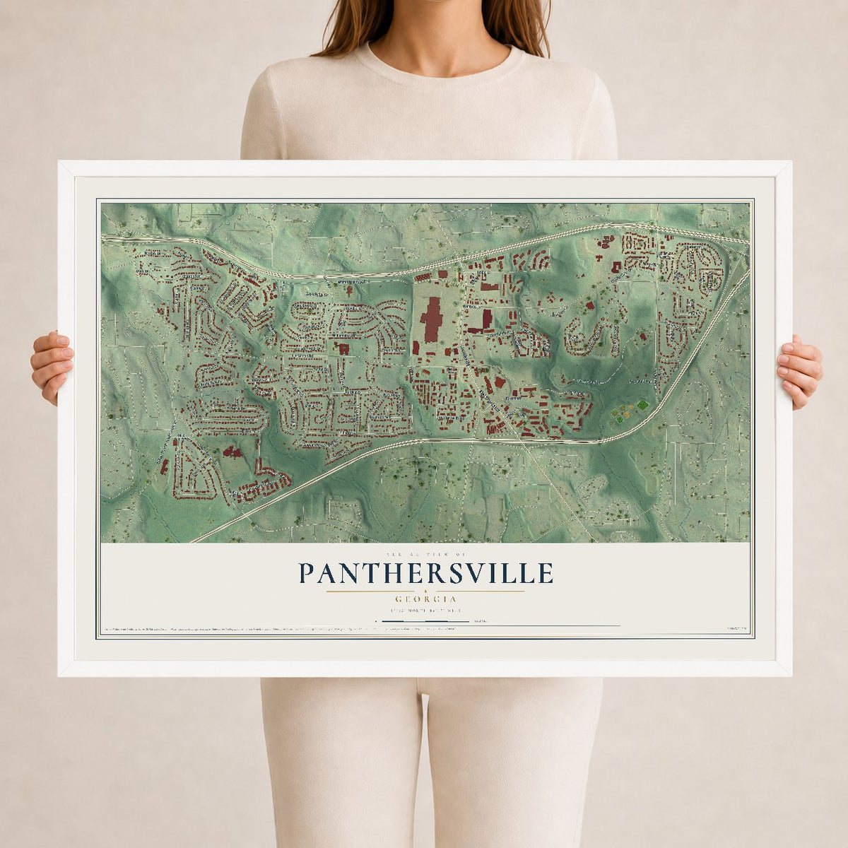 Panthersville, Georgia map print, 24" x 36" W/ White Ayous Wood Frame mockup