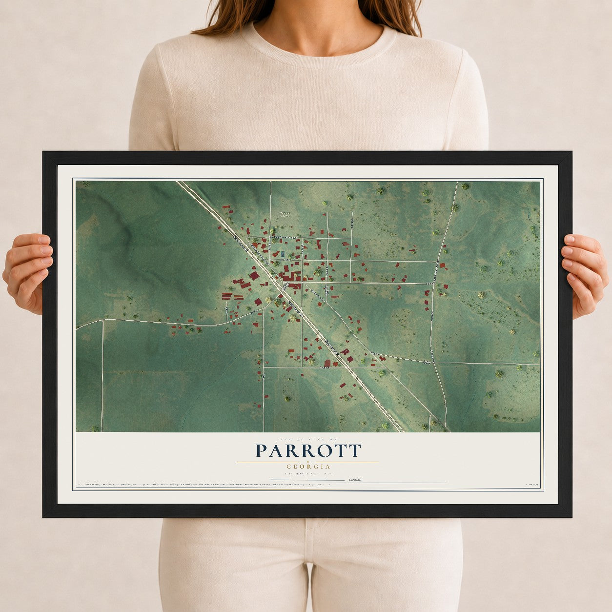 Parrott, Georgia map print, 12" x 18" W/ Black Ayous Wood Frame mockup