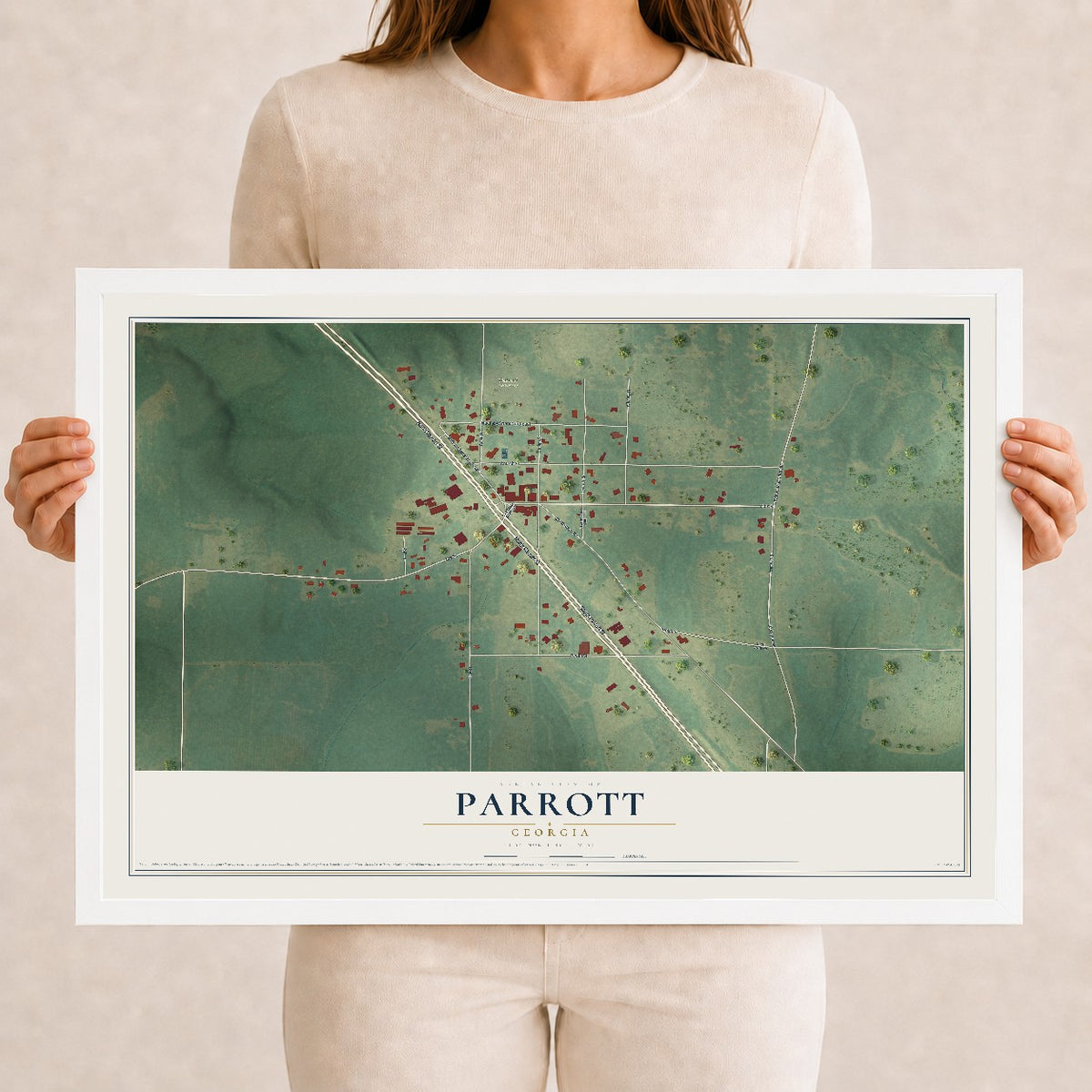 Parrott, Georgia map print, 12" x 18" W/ White Ayous Wood Frame mockup