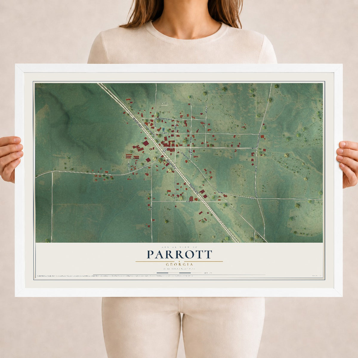 Parrott, Georgia map print, 18" x 24" W/ White Ayous Wood Frame mockup