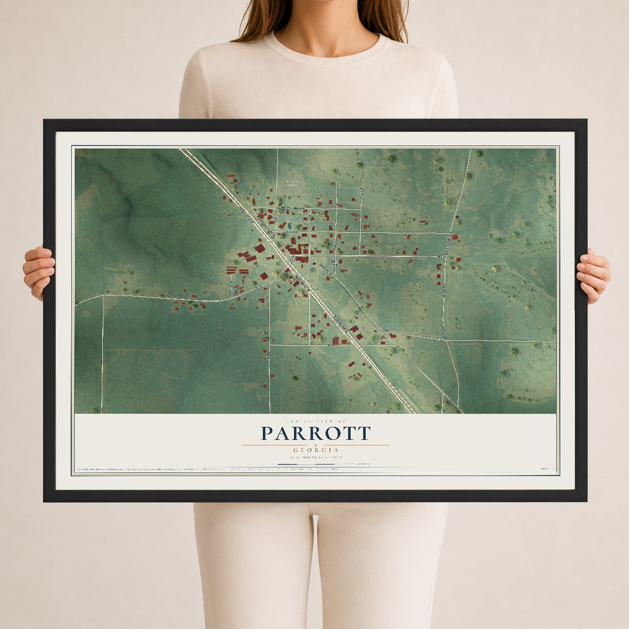 Parrott, Georgia map print, 24" x 36" W/ Black Ayous Wood Frame mockup