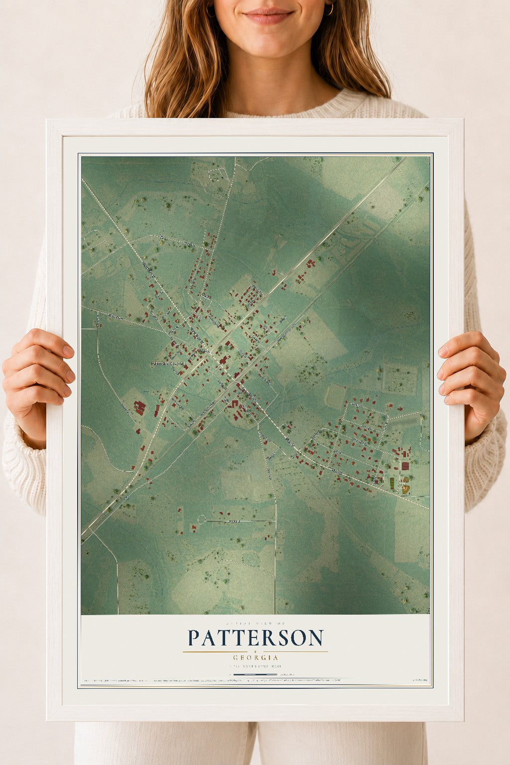 Patterson, Georgia map print, 18" x 24" W/ White Ayous Wood Frame mockup