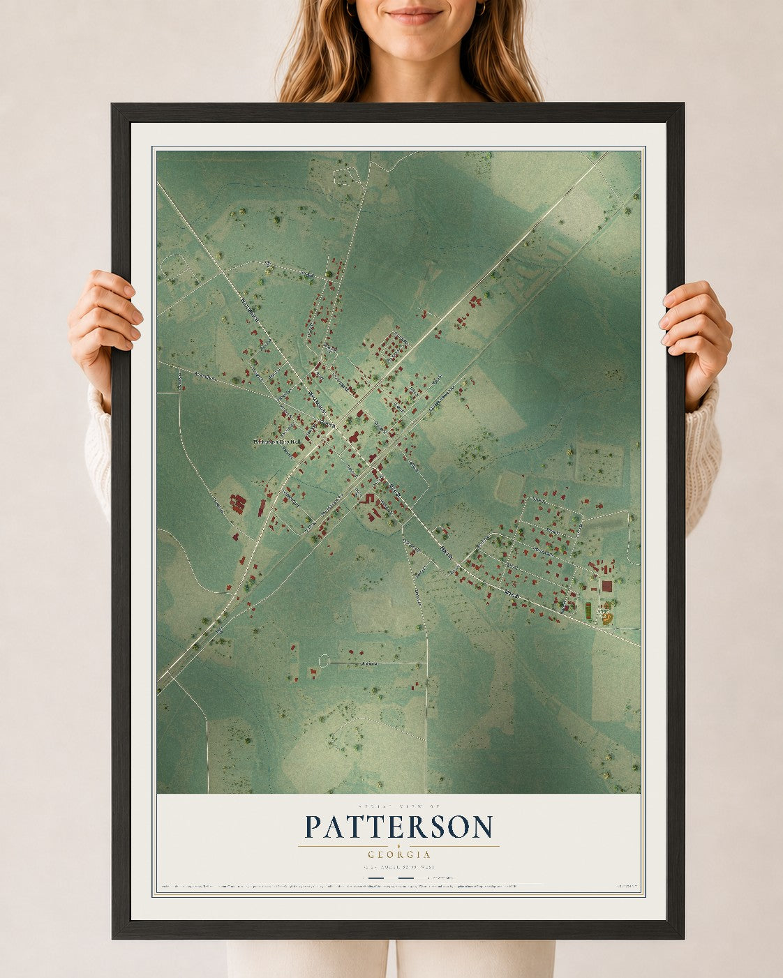Patterson, Georgia map print, 24" x 36" W/ Black Ayous Wood Frame mockup