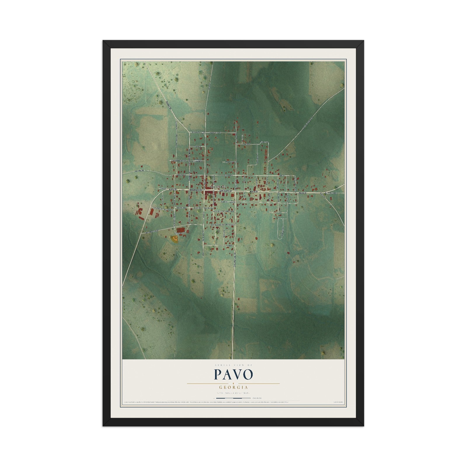 Pavo, Georgia map print, 12" x 18" W/ Black Ayous Wood Frame mockup