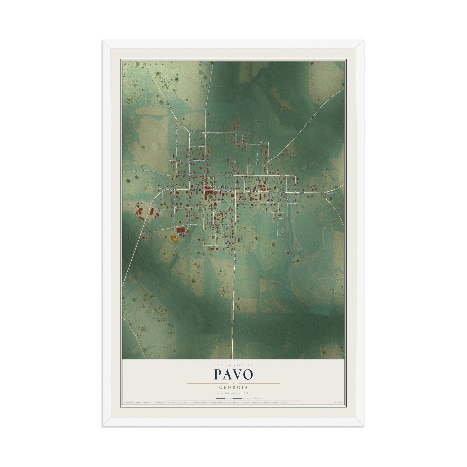 Pavo, Georgia map print, 12" x 18" W/ White Ayous Wood Frame mockup