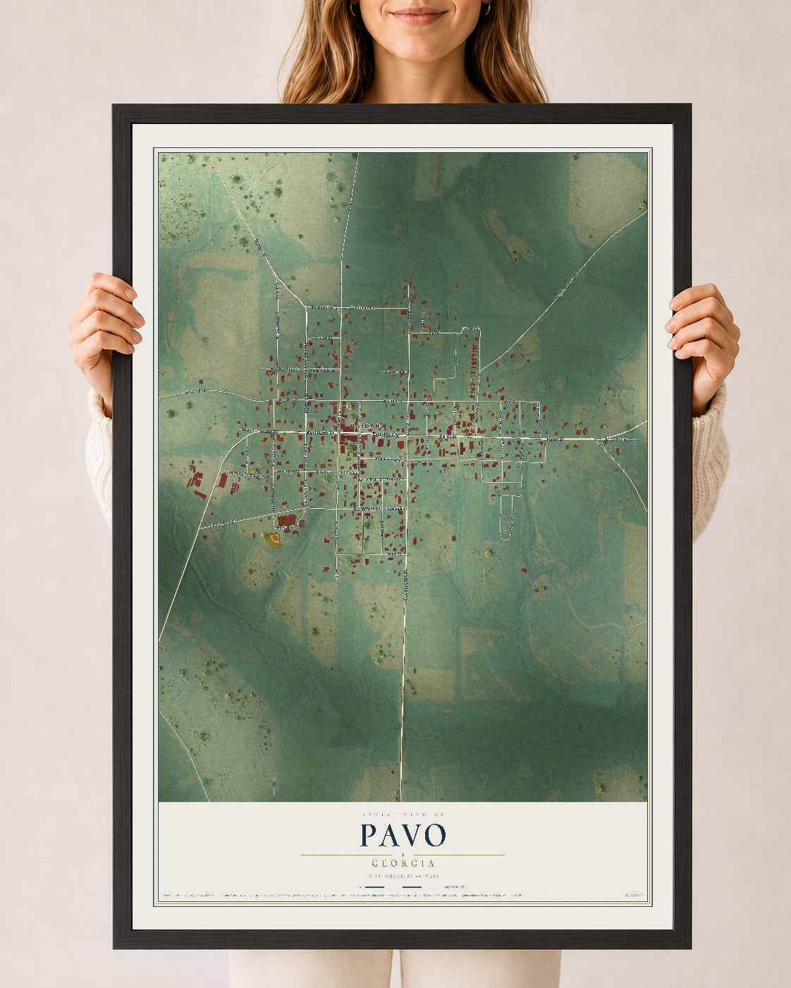Pavo, Georgia map print, 24" x 36" W/ Black Ayous Wood Frame mockup