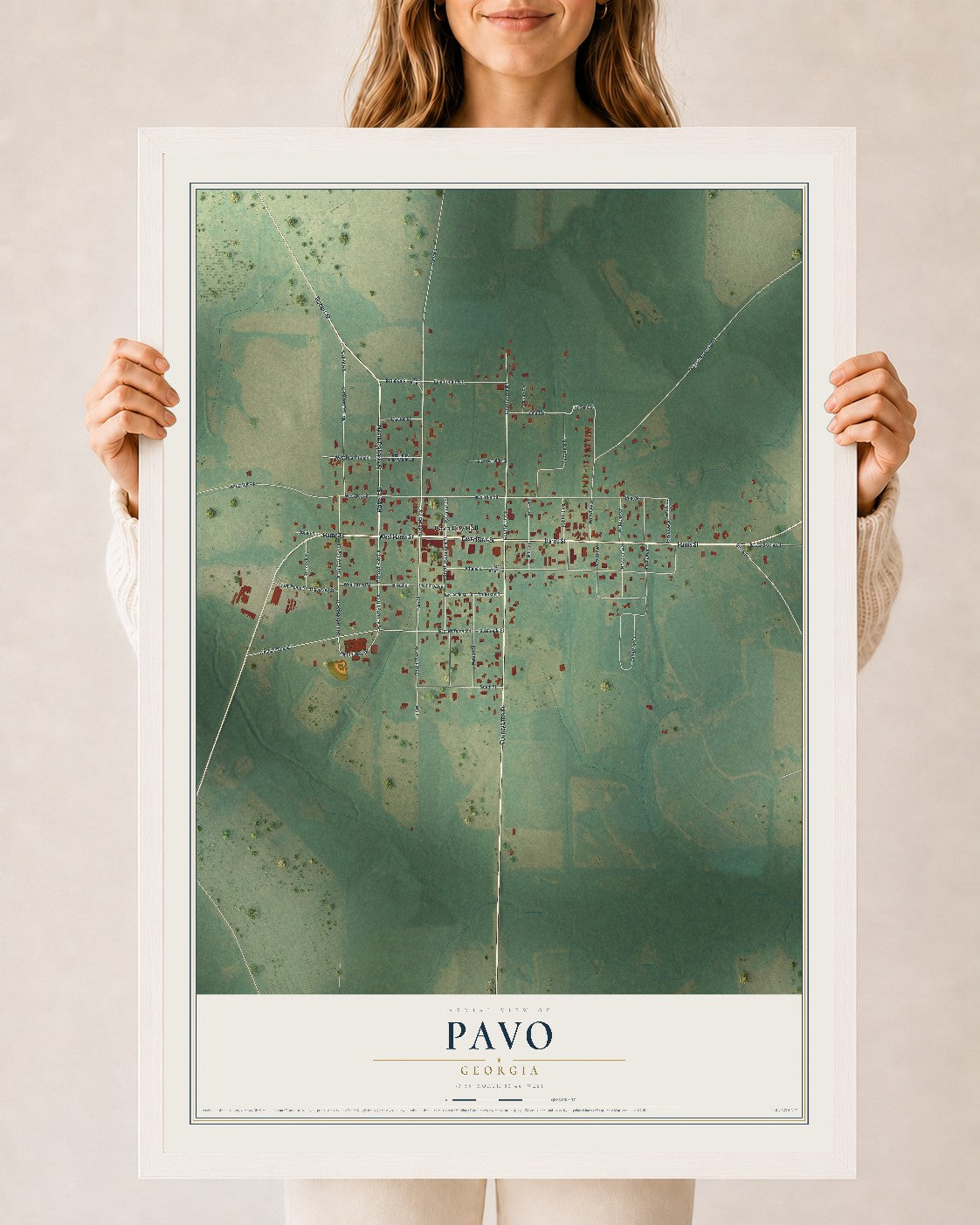 Pavo, Georgia map print, 24" x 36" W/ White Ayous Wood Frame mockup