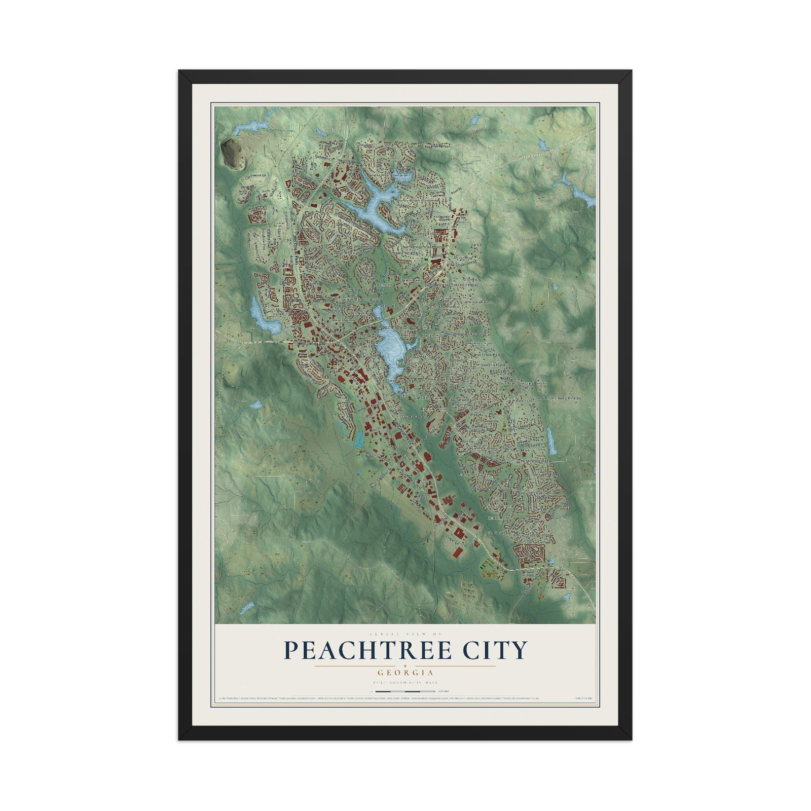 Peachtree City, Georgia map print, 12" x 18" W/ Black Ayous Wood Frame mockup