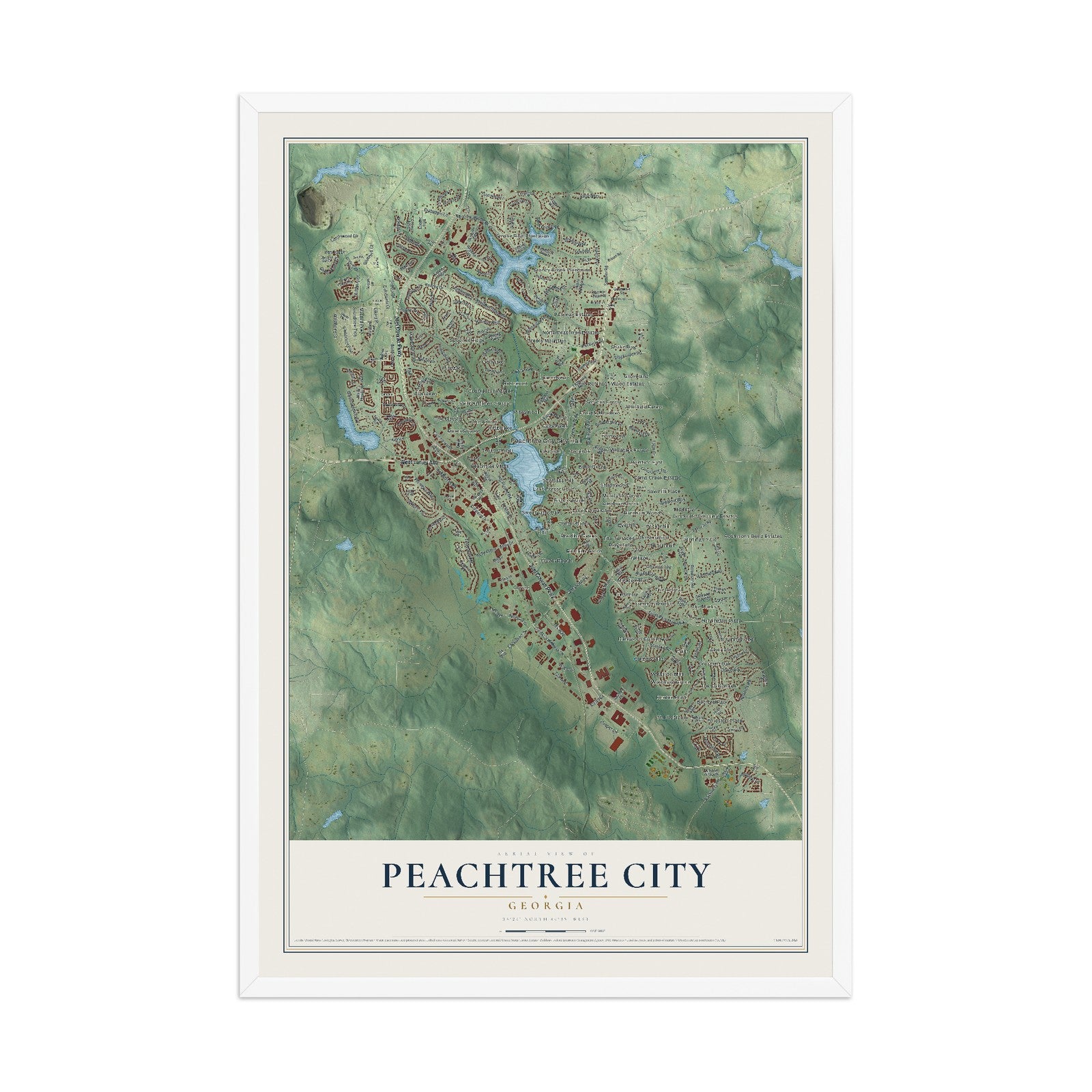 Peachtree City, Georgia map print, 12" x 18" W/ White Ayous Wood Frame mockup