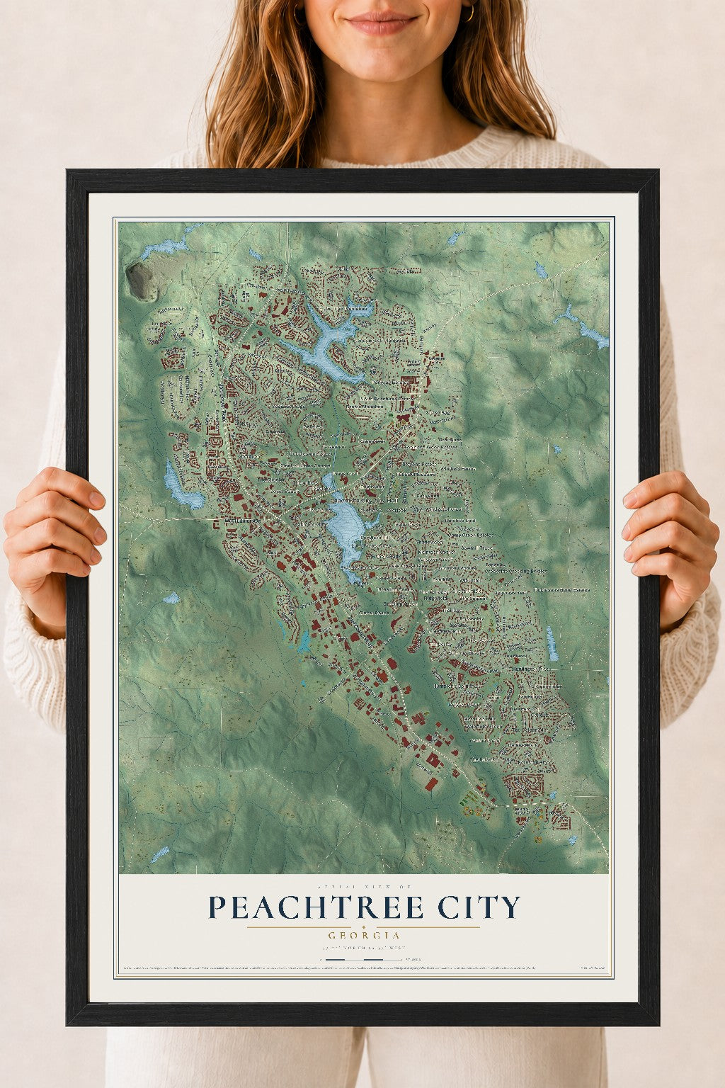 Peachtree City, Georgia map print, 18" x 24" W/ Black Ayous Wood Frame mockup