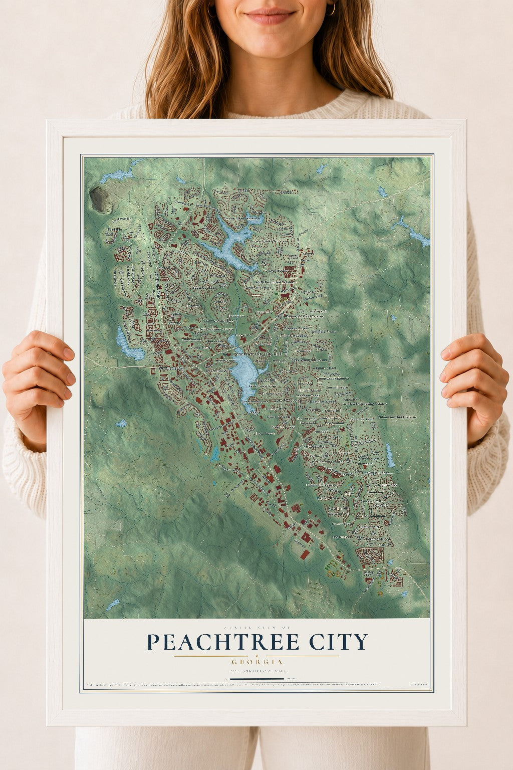 Peachtree City, Georgia map print, 18" x 24" W/ White Ayous Wood Frame mockup