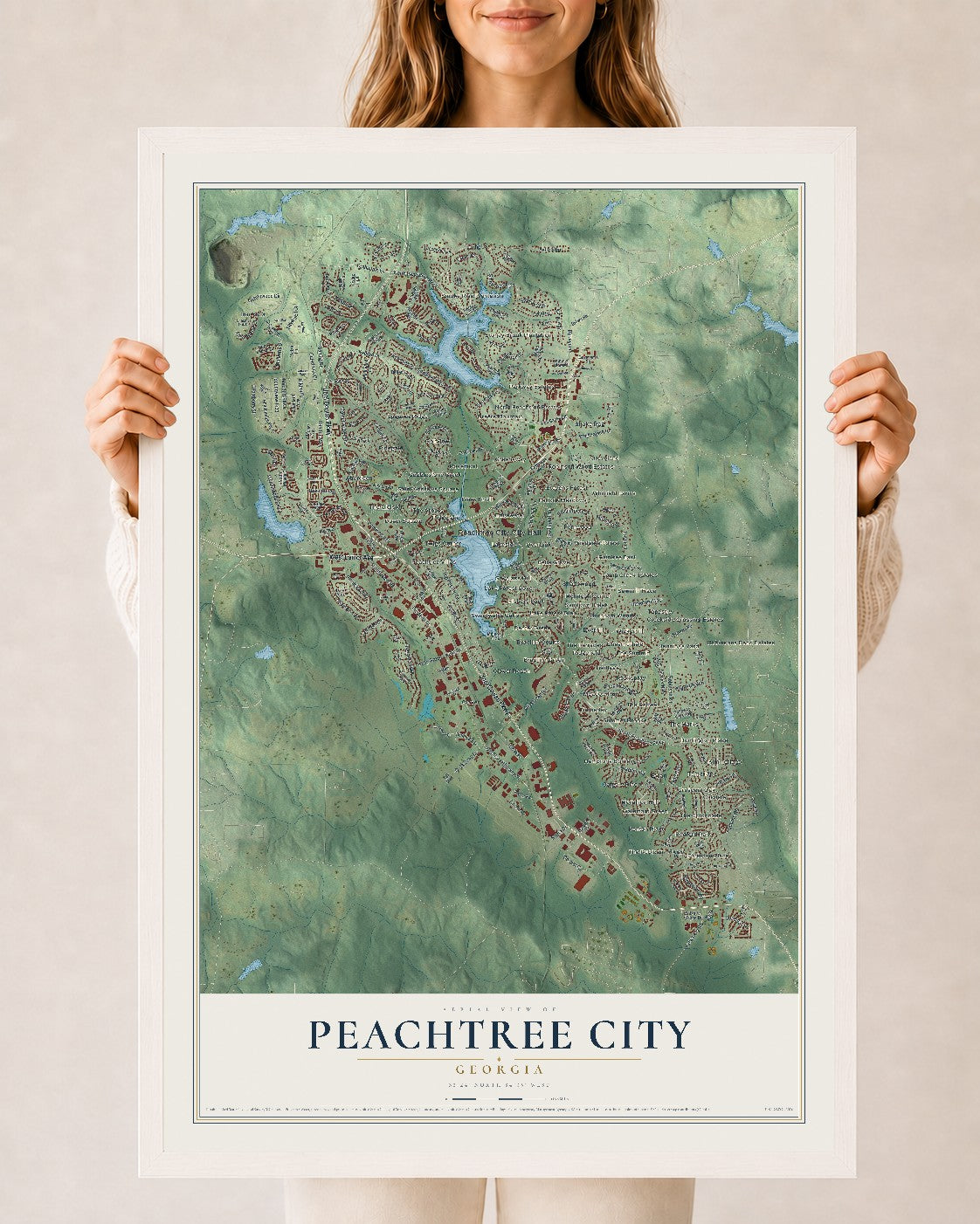 Peachtree City, Georgia map print, 24" x 36" W/ White Ayous Wood Frame mockup