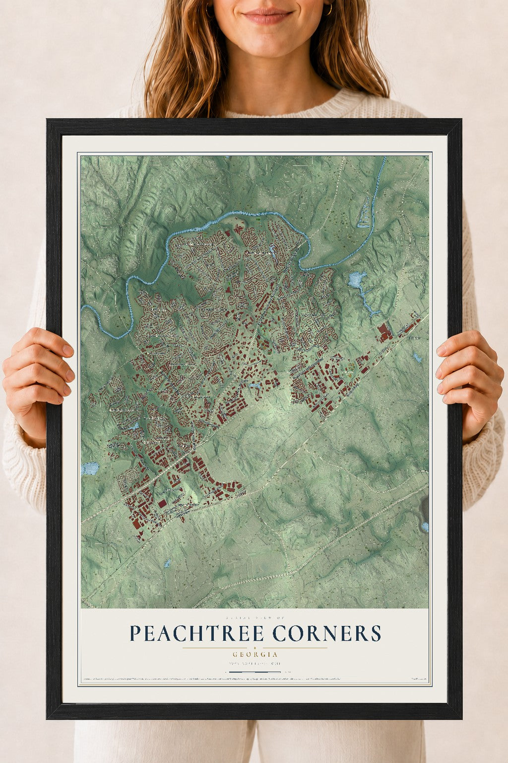 Peachtree Corners, Georgia map print, 18" x 24" W/ Black Ayous Wood Frame mockup