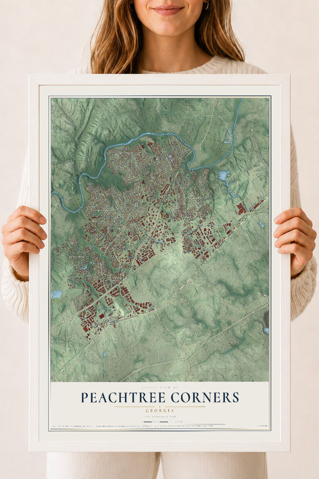 Peachtree Corners, Georgia map print, 18" x 24" W/ White Ayous Wood Frame mockup