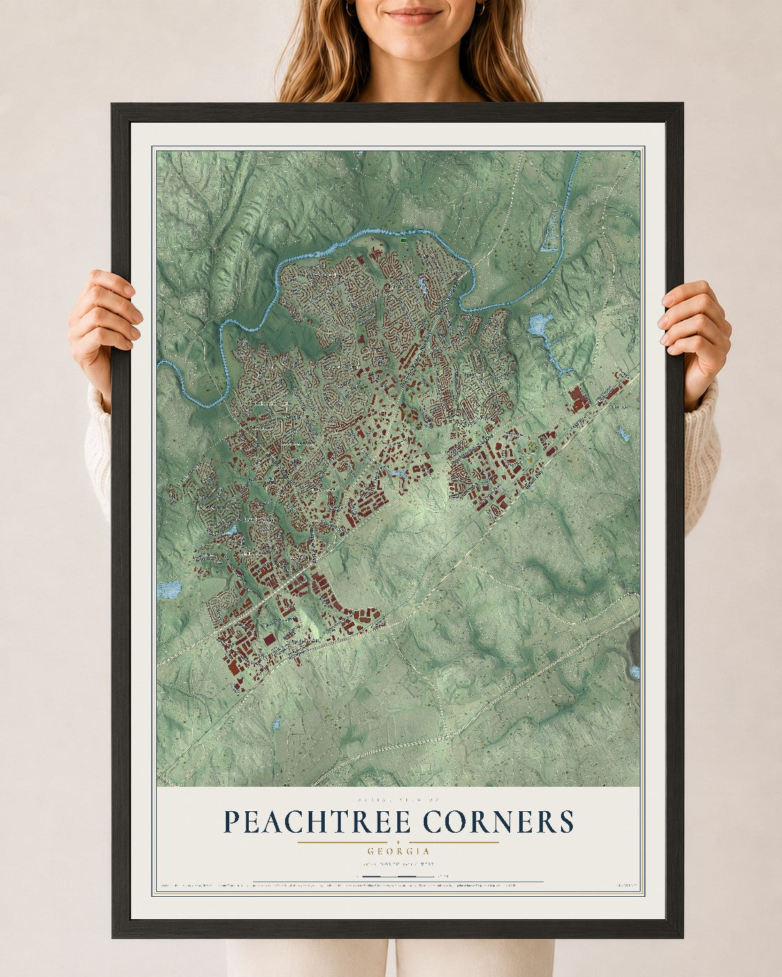 Peachtree Corners, Georgia map print, 24" x 36" W/ Black Ayous Wood Frame mockup