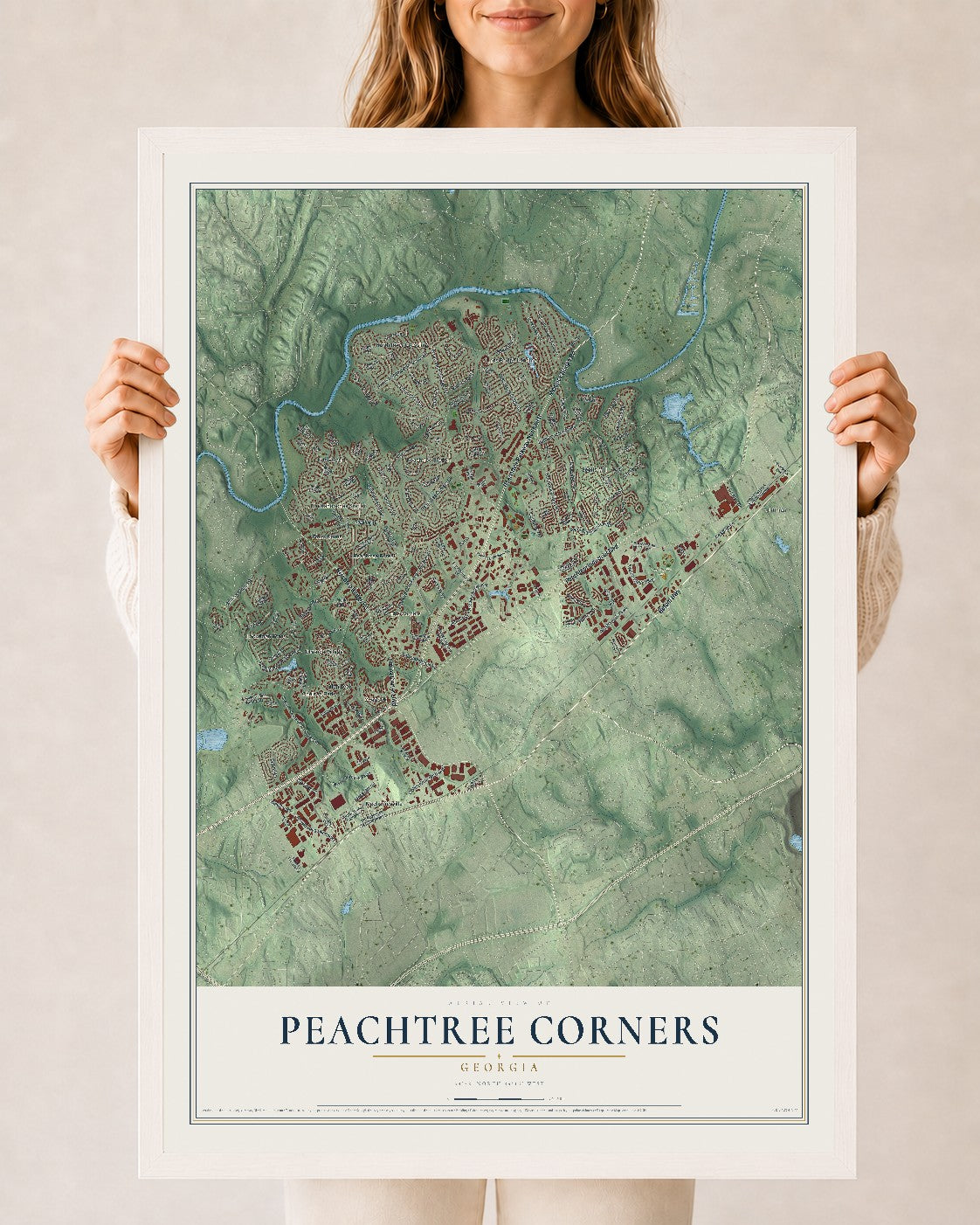 Peachtree Corners, Georgia map print, 24" x 36" W/ White Ayous Wood Frame mockup