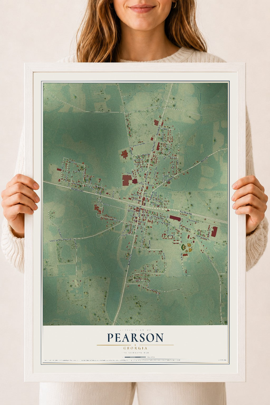 Pearson, Georgia map print, 18" x 24" W/ White Ayous Wood Frame mockup