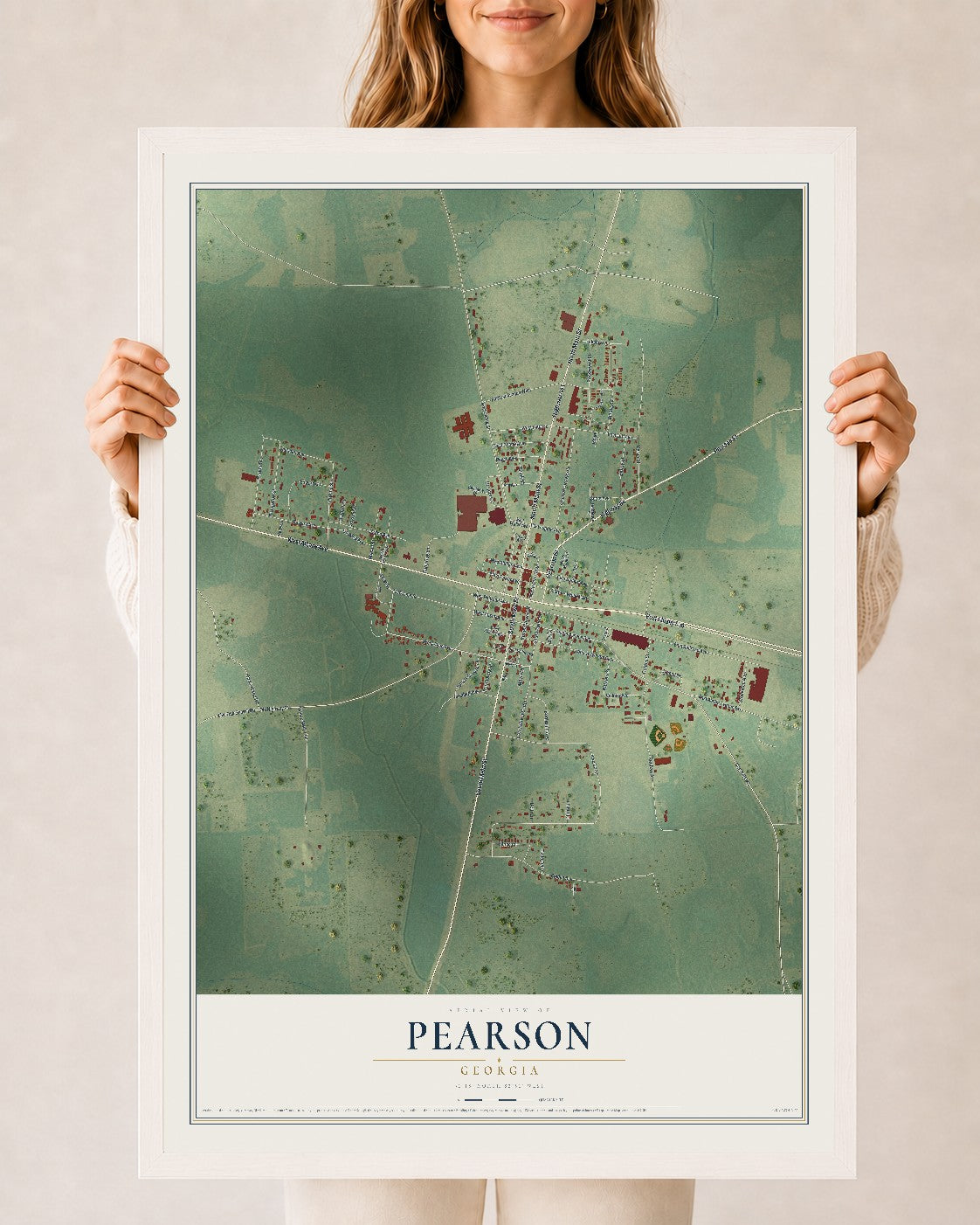 Pearson, Georgia map print, 24" x 36" W/ White Ayous Wood Frame mockup