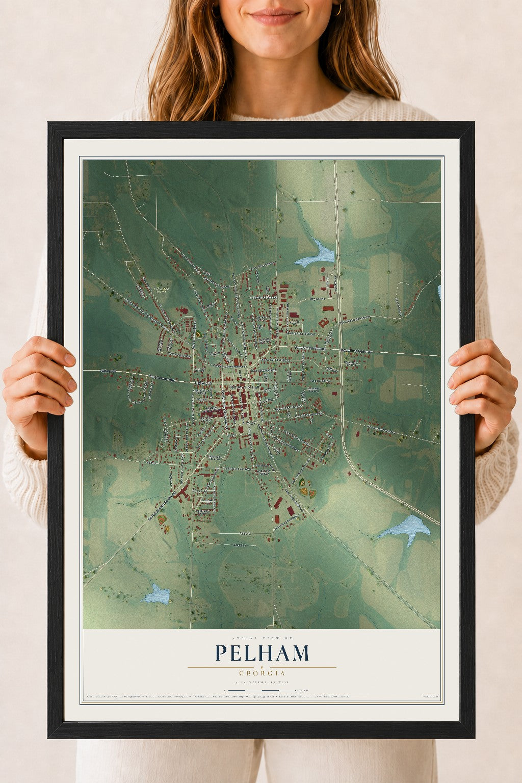 Pelham, Georgia map print, 18" x 24" W/ Black Ayous Wood Frame mockup