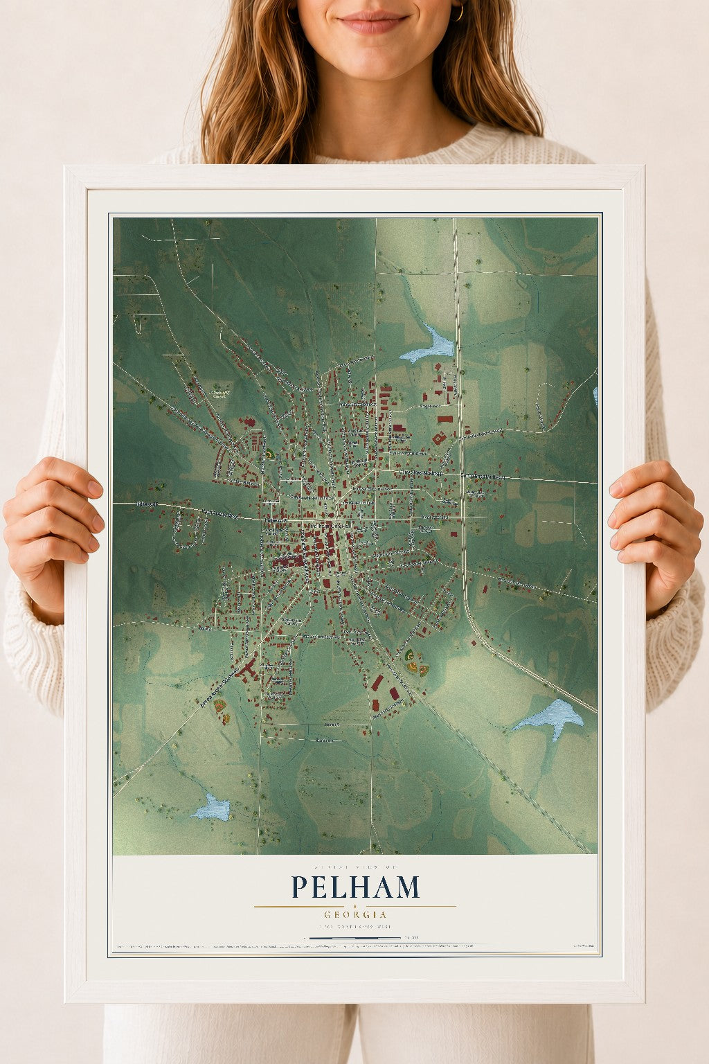 Pelham, Georgia map print, 18" x 24" W/ White Ayous Wood Frame mockup