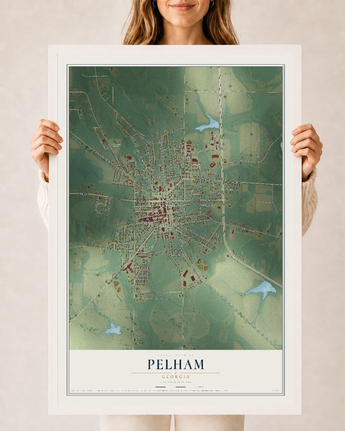 Pelham, Georgia map print, 24" x 36" W/ White Ayous Wood Frame mockup