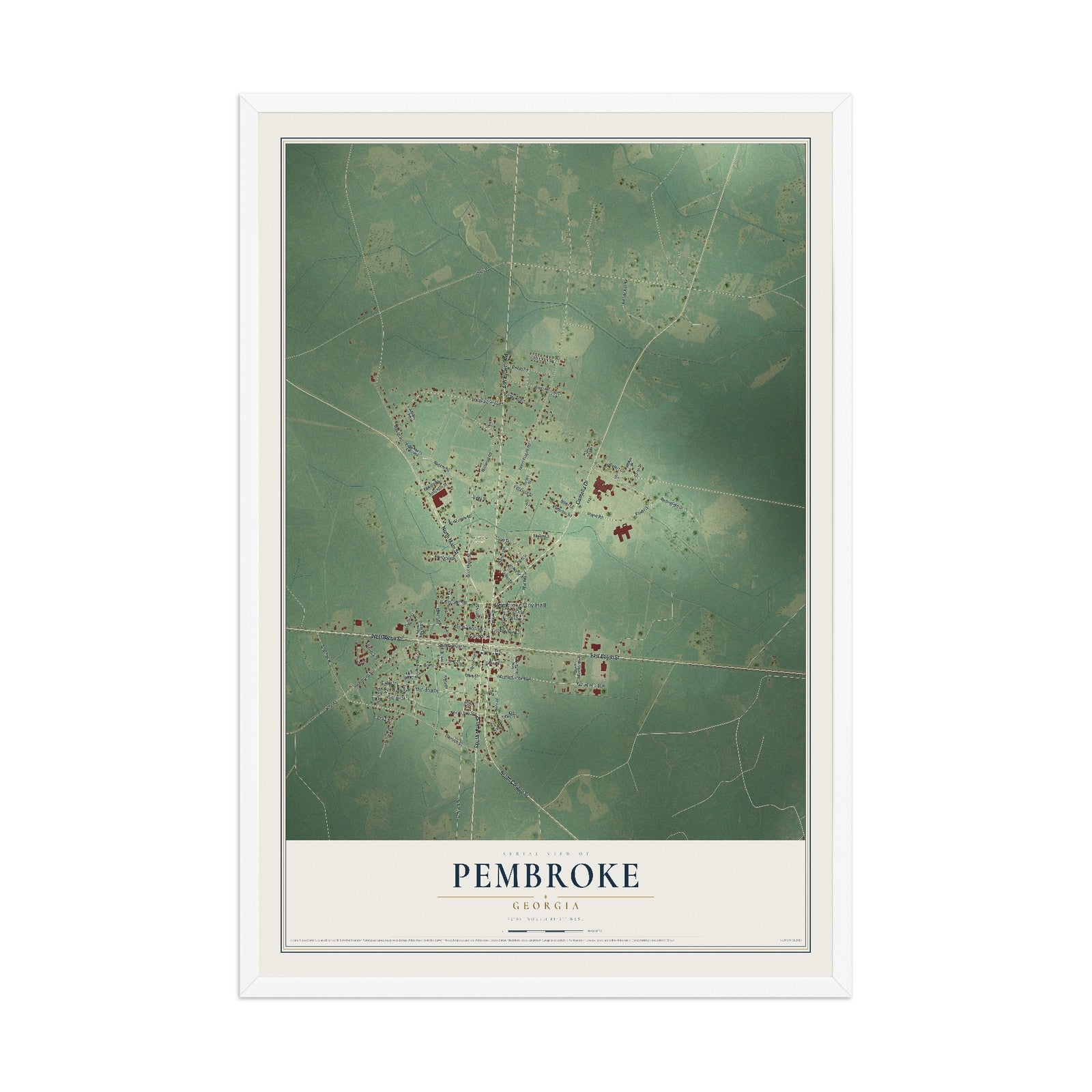 Pembroke, Georgia map print, 12" x 18" W/ White Ayous Wood Frame mockup