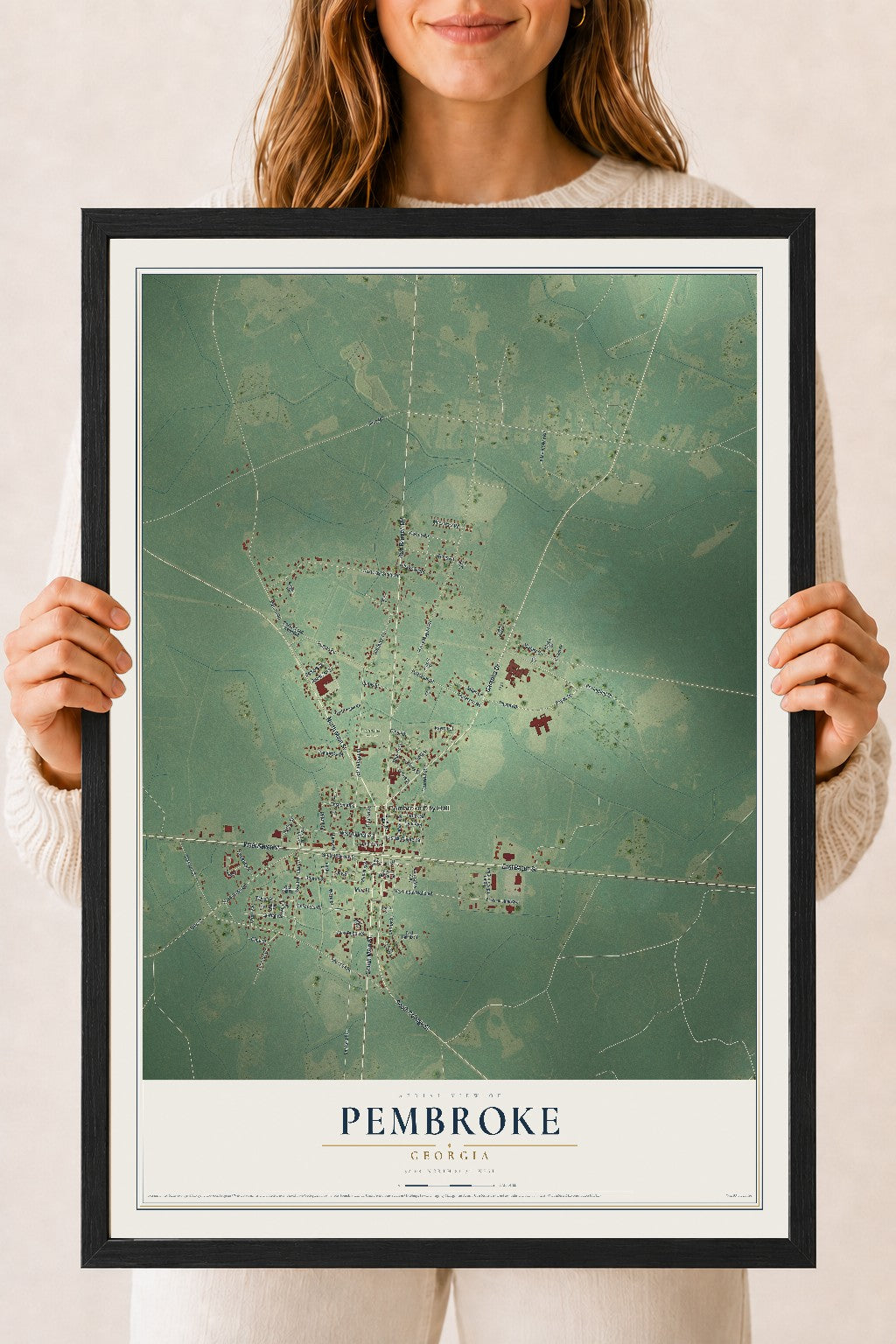 Pembroke, Georgia map print, 18" x 24" W/ Black Ayous Wood Frame mockup