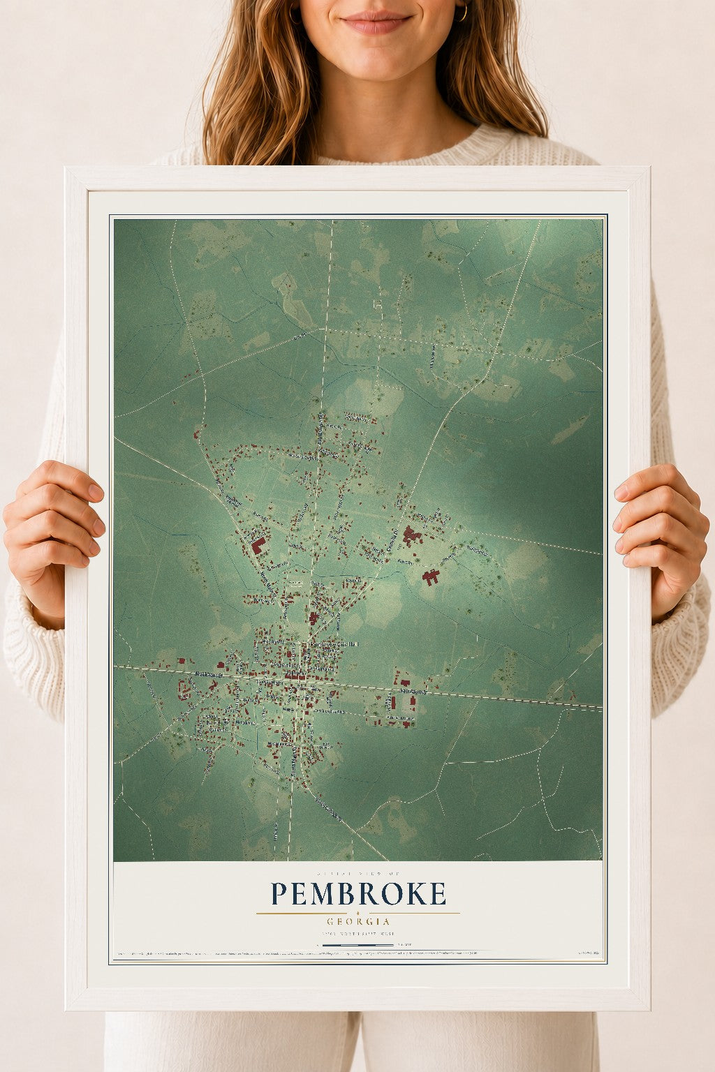 Pembroke, Georgia map print, 18" x 24" W/ White Ayous Wood Frame mockup