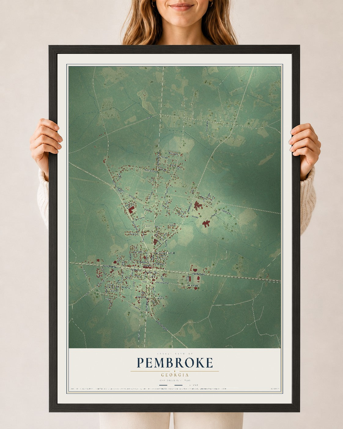 Pembroke, Georgia map print, 24" x 36" W/ Black Ayous Wood Frame mockup