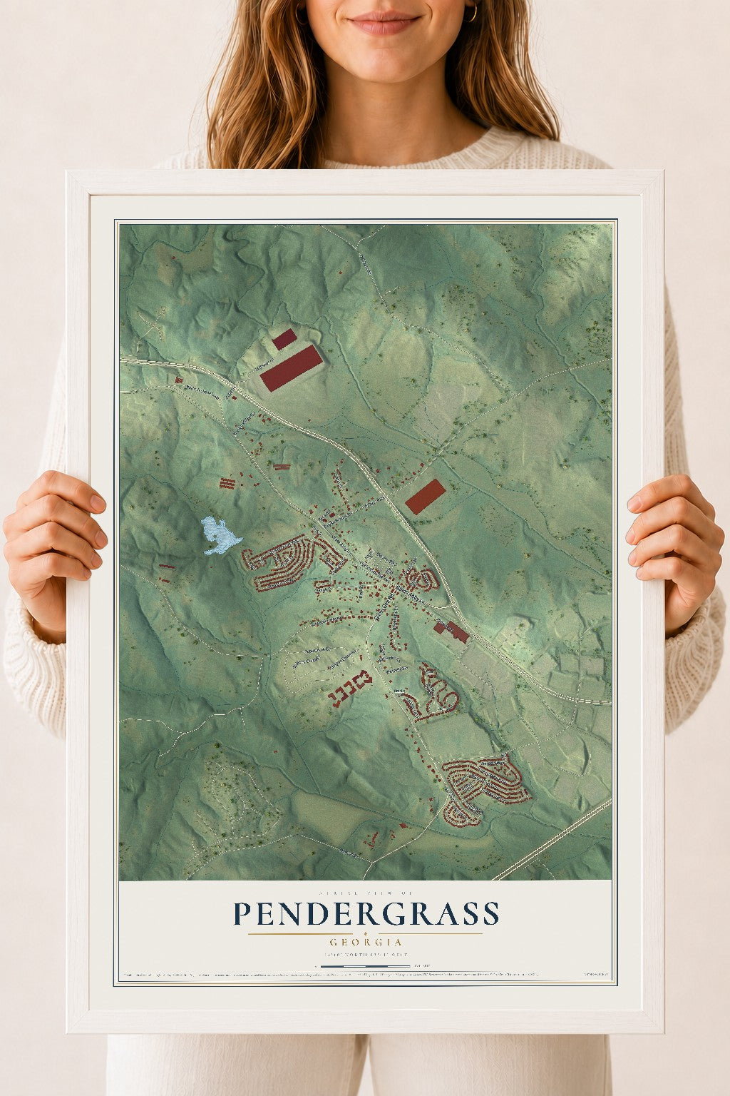Pendergrass, Georgia map print, 18" x 24" W/ White Ayous Wood Frame mockup